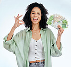 Woman, ok sign and money in studio portrait for prize, profit or win with investing, savings or notes by white background. Isolated African girl, excited student and cash with icon, gambling or lotto