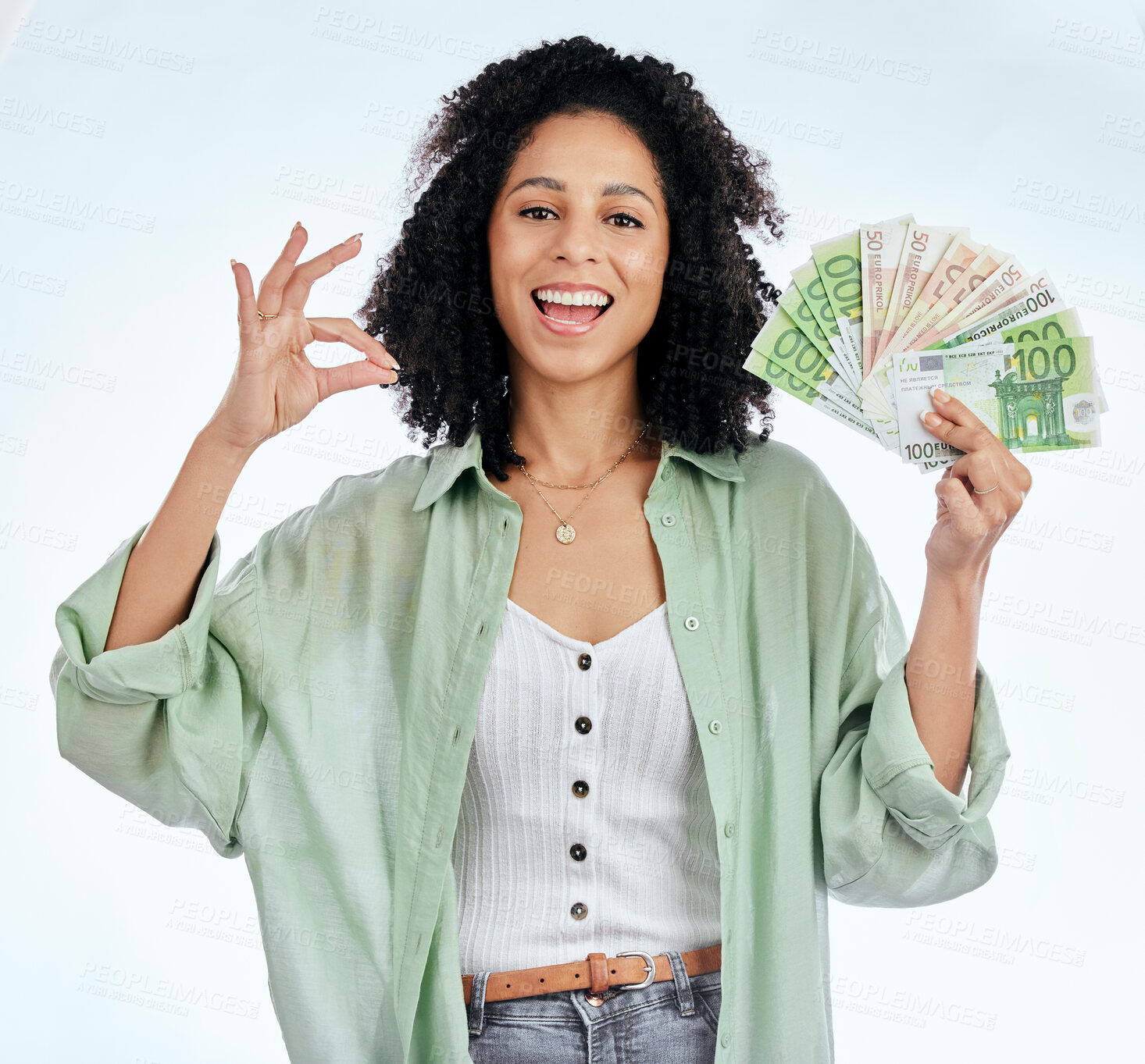 Buy stock photo Woman, ok sign and money in studio portrait for prize, profit or win with investing, savings or notes by white background. Isolated African girl, excited student and cash with icon, gambling or lotto