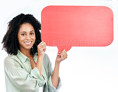 Buy stock photo Woman portrait, smile and speech bubble in studio for feedback, voice or FAQ, forum or conversation on white background. Face, smile and female show poster space for social media, contact or info