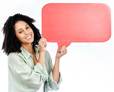 Buy stock photo Happy woman, portrait and speech bubble in studio for voice, feedback or FAQ, forum or conversation on white background. Face, smile and female show poster space for social media, contact or info