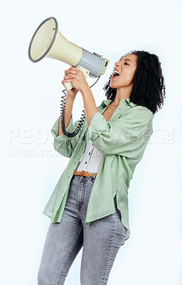 Buy stock photo Woman, megaphone and protest leader in studio with shouting, noise and politics by white background. Isolated African girl, student and audio tech for justice, speech and change in human rights goals