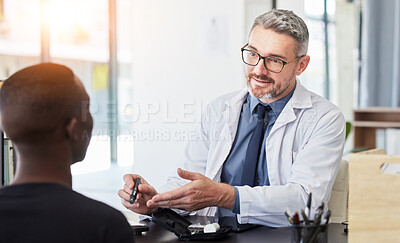 Buy stock photo Consulting, doctor and diabetes with man and patient in hospital for advice, glucose exam and blood test. Healthcare, medicine and feedback with people in clinic for discussion, results and wellness