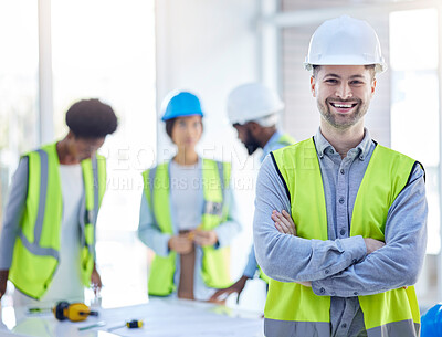Buy stock photo Construction worker, man portrait and arms crossed of engineer, builder or contractor. Industrial, handyman gear and male person with confidence and proud from engineering and architecture project