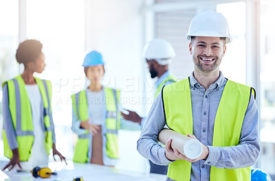Buy stock photo Construction worker, man portrait and blueprint of engineer, builder or contractor. Industrial, handyman gear and male person with confidence and proud from engineering and architecture project