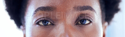 Banner, closeup eyes and portrait of black woman with makeup, serious expression or clean eyebrow. Skincare, microblading and an African girl or model with cosmetics, eyeliner or looking with beauty