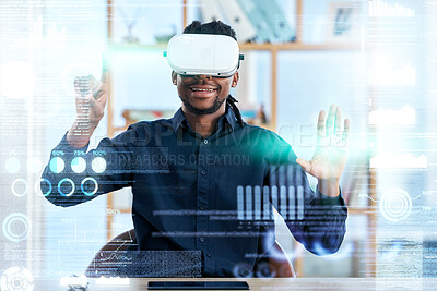 Buy stock photo Virtual reality, VR hologram and business man review stock exchange statistics, augmented administration or AI software. UI overlay, future economy metaverse and male trader work on 3D trading data
