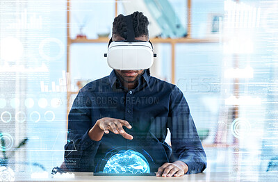 Buy stock photo Hologram, virtual reality and global business man review statistics, cyber administration or AI software. UI overlay, future economy metaverse and person with 3D headset and virtual world data