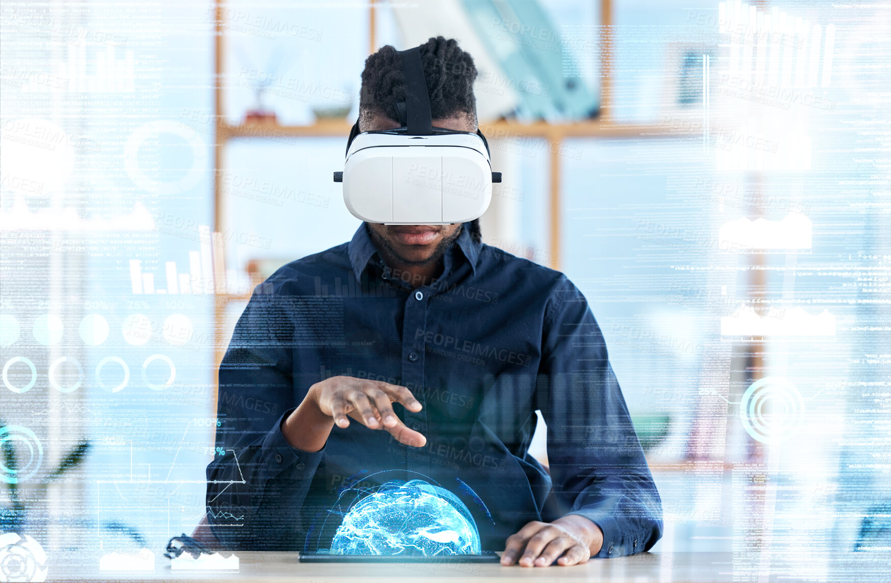 Buy stock photo Hologram, virtual reality and global business man review statistics, cyber administration or AI software. UI overlay, future economy metaverse and person with 3D headset and virtual world data