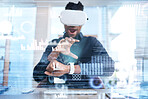 Futuristic VR, wow or business man surprise with stock market analytics, augmented reality experience or crypto chart. Dashboard overlay screen, economy graphic or male broker working on trading data