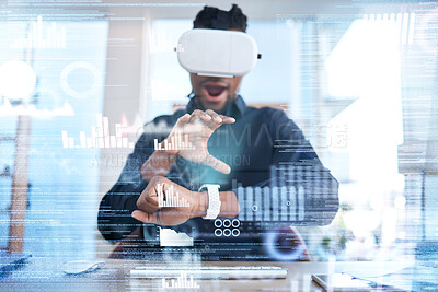 Buy stock photo Futuristic VR, wow or business man surprise with stock market analytics, augmented reality experience or crypto chart. Dashboard overlay screen, economy graphic or male broker working on trading data