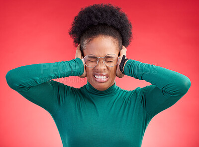 Buy stock photo Stress, headache and hands on ears of black woman in studio with noise, complaint or frustration on red background. Migraine, anxiety and African female with vertigo, brain fog or hearing loss crisis