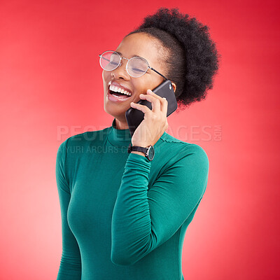 Buy stock photo Happy woman, phone call and laughing for funny joke, meme or conversation against a red studio background. Female person smile and laugh for fun discussion or social media on mobile smartphone