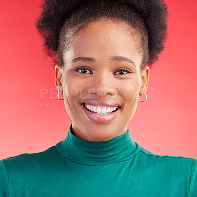 Buy stock photo Happy, portrait and face of a black woman in studio with a smile, confidence and positive mindset. Beauty, natural makeup and African female person with cosmetics on a red background for skin glow