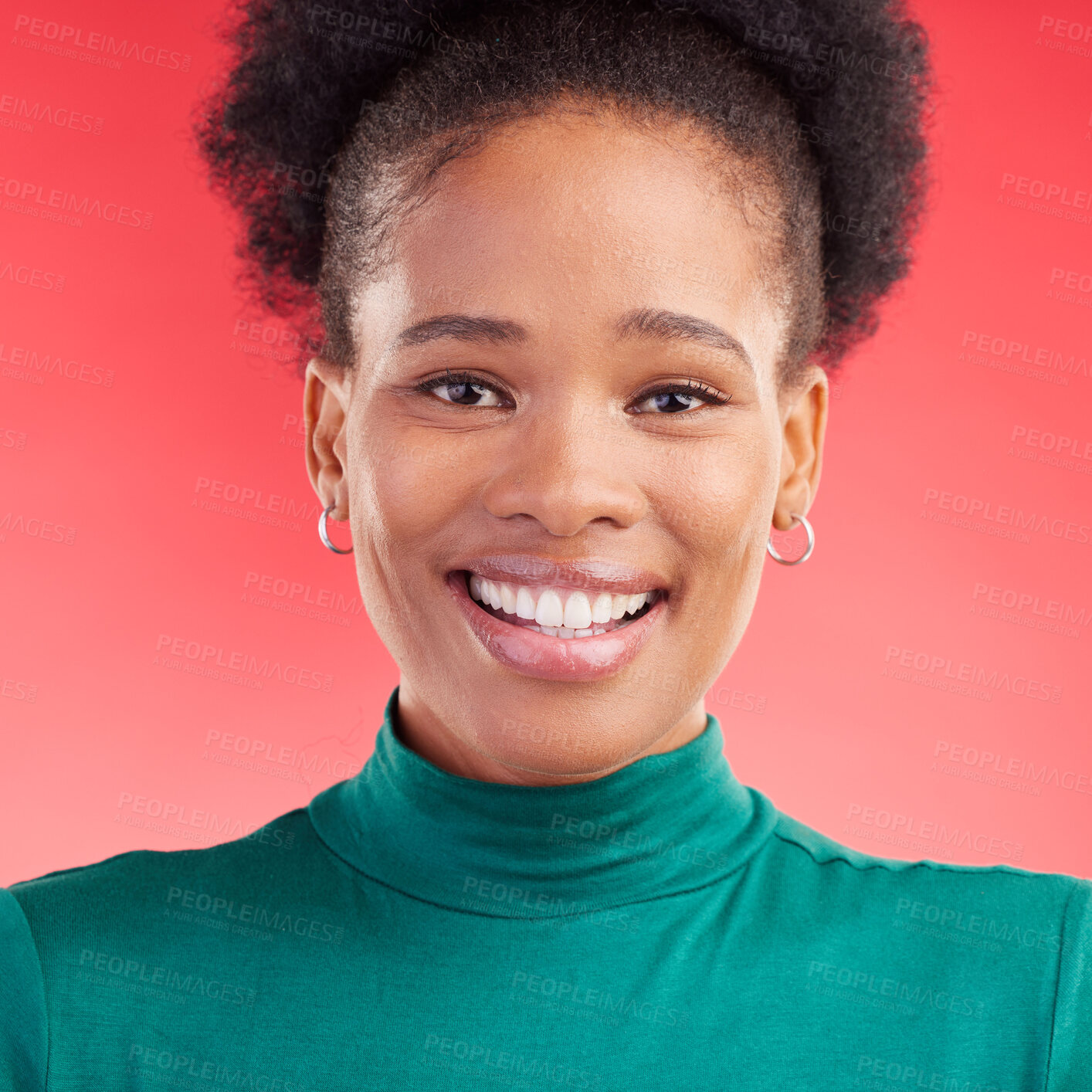 Buy stock photo Happy, portrait and face of a black woman in studio with a smile, confidence and positive mindset. Beauty, natural makeup and African female person with cosmetics on a red background for skin glow