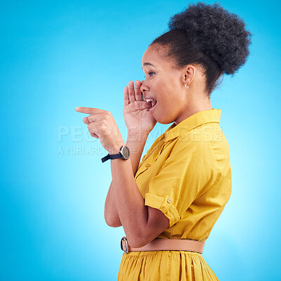 Buy stock photo Secret, whisper and black woman hand pointing in studio for with news or info on blue background. Confidential, announcement and lady with had emoji for promo, deal or coming soon gossip or drama