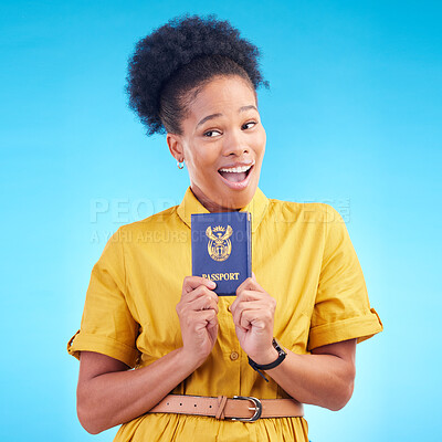 Buy stock photo African woman, passport and studio with smile, thinking or wow for compliance, identity or travel by blue background. Happy student girl, surprise and ideas for immigration document in South Africa