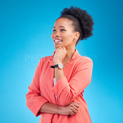 Buy stock photo Thinking, smile and business with black woman in studio for planning, vision and brainstorming. Solution, idea and creative with employee on blue background for entrepreneur, review and decision