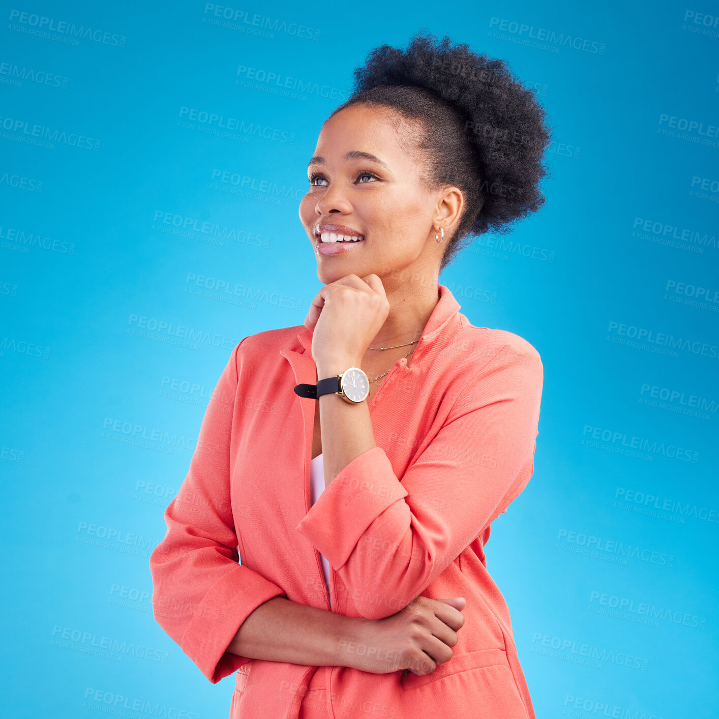 Buy stock photo Thinking, smile and business with black woman in studio for planning, vision and brainstorming. Solution, idea and creative with employee on blue background for entrepreneur, review and decision