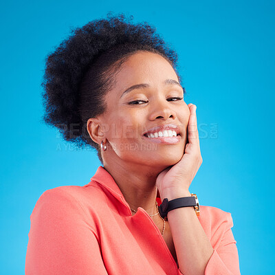 Buy stock photo Happy, smile and business with portrait of black woman in studio for professional, creative and pride. Entrepreneur, career and happiness with female employee on blue background for confidence 