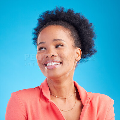 Buy stock photo Happy, thinking and business with face of black woman in studio for professional, creative or pride. Entrepreneur, career and happiness with employee on blue background for confidence and empowerment