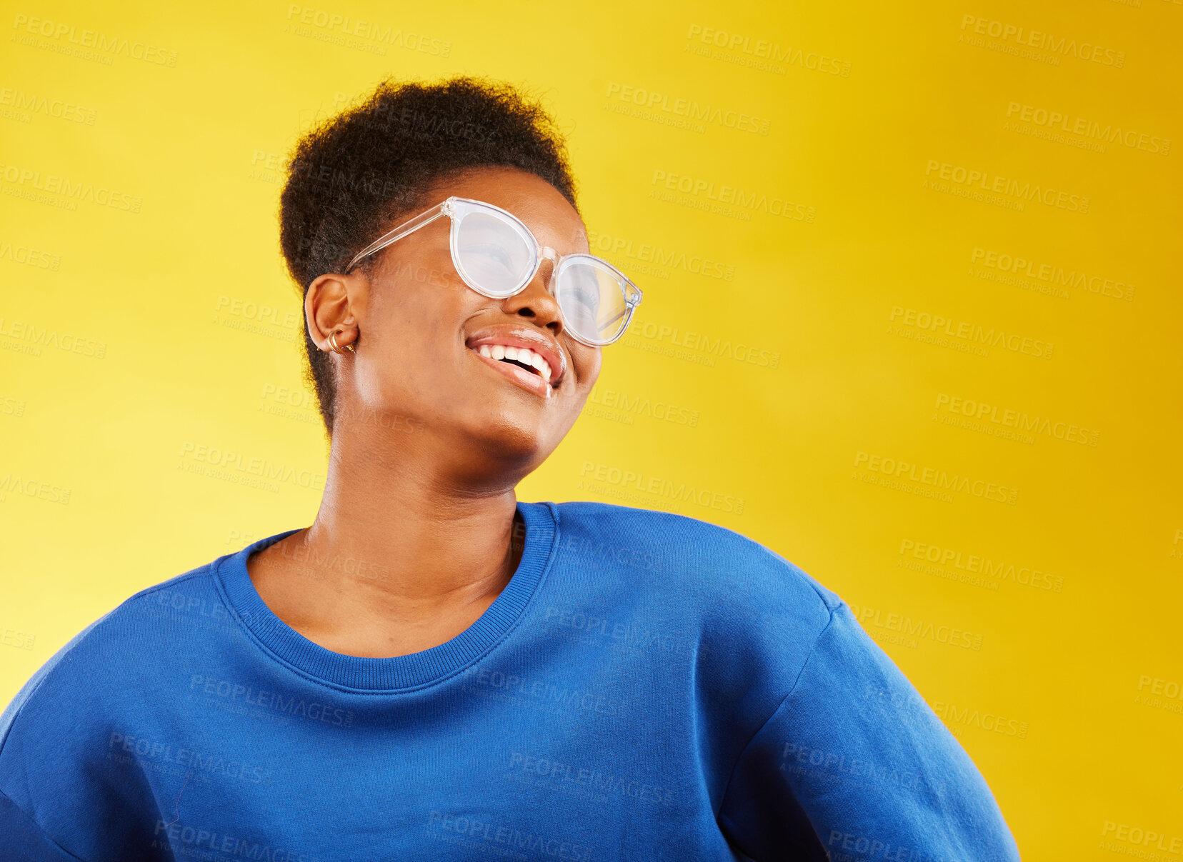 Buy stock photo Smile, fashion and glasses with face of black woman in studio for vision, eye care and color style. Gen z, smile and happiness with creative female person on yellow background for health on mockup