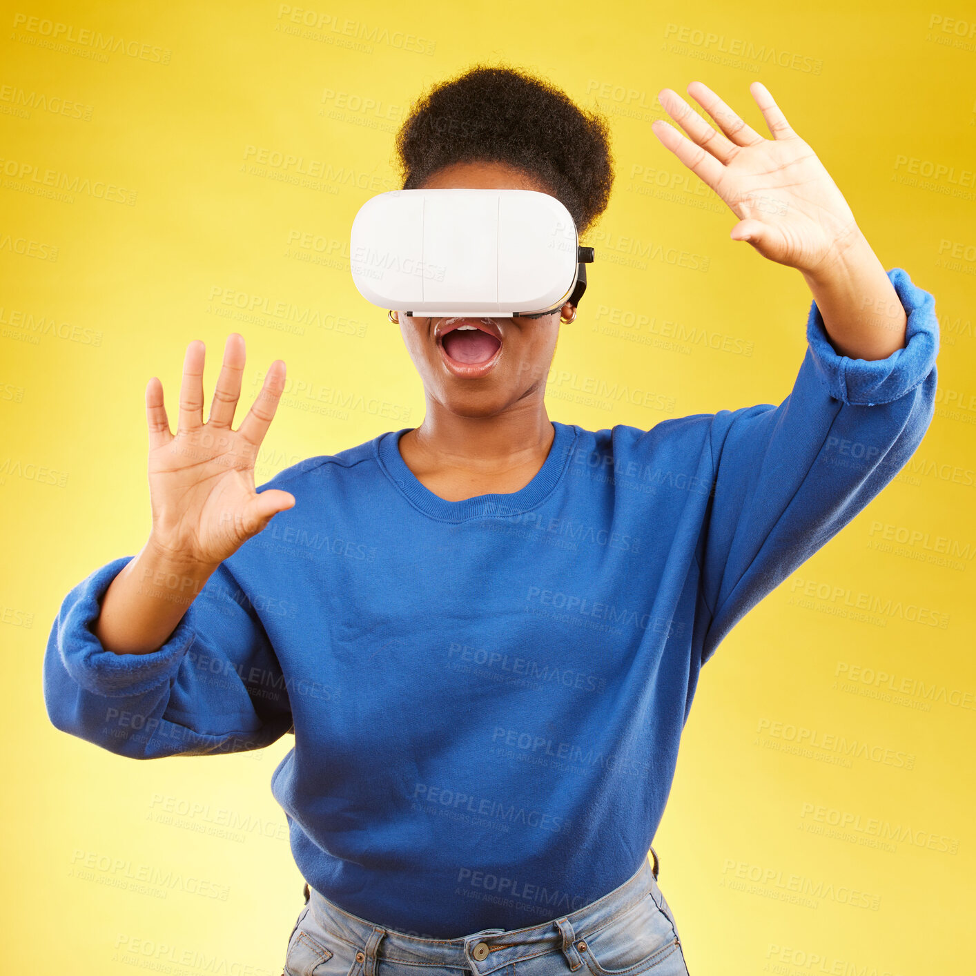 Buy stock photo Gaming, metaverse and wow with black woman and vr headset in studio for digital, 3d and augmented reality. Technology, future and gamer with female person on yellow background for scifi and gen z