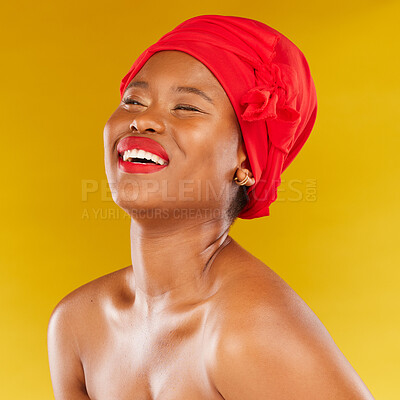 Buy stock photo Beauty, African and black woman with makeup and head wrap with smile isolated in yellow studio background. Happy, skin and skincare by young female person scarf for dermatology, wellness or cosmetics