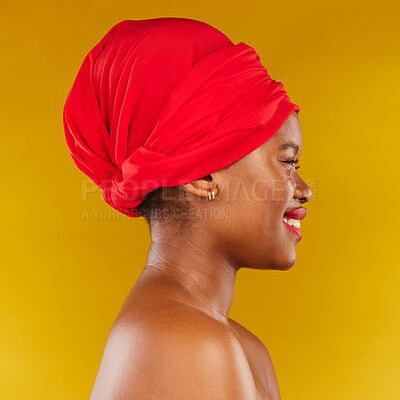 Buy stock photo Happy face profile, red makeup and black woman with natural spa skincare, real aesthetic beauty or foundation cosmetics. Studio dermatology, head scarf or African person wellness on yellow background
