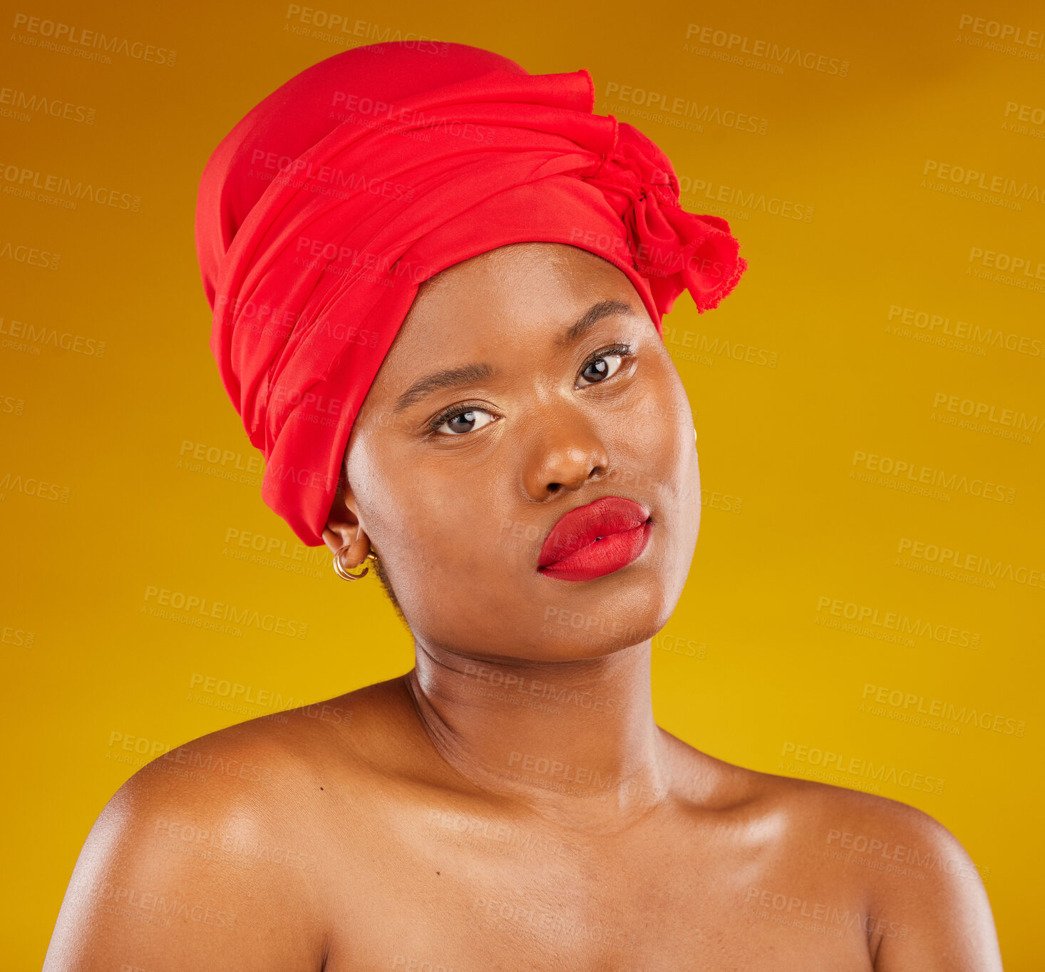 Buy stock photo Natural beauty, hair wrap and portrait with scarf, red lipstick and wellness in studio. Yellow background, female person and face cosmetics with African model and makeup for skincare and facial glow