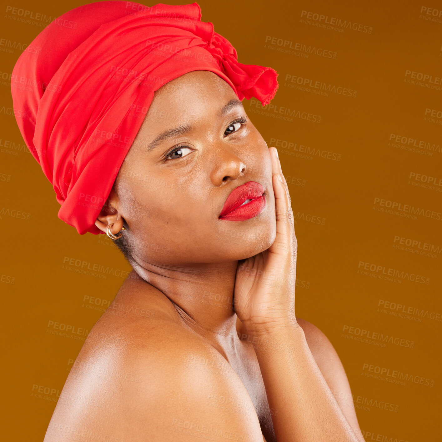 Buy stock photo Beauty, woman and trendy wrap with face and red lips portrait and scarf for care and wellness in studio. Brown background, female person and cosmetics with African model and makeup for facial glow