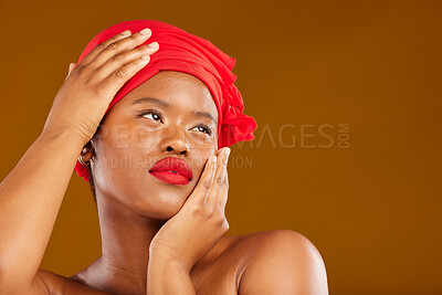 Buy stock photo Beauty, makeup and space with face of black woman in studio for mockup, creative and pride. Skincare, salon and natural with female model on brown background for wellness, self care and glow