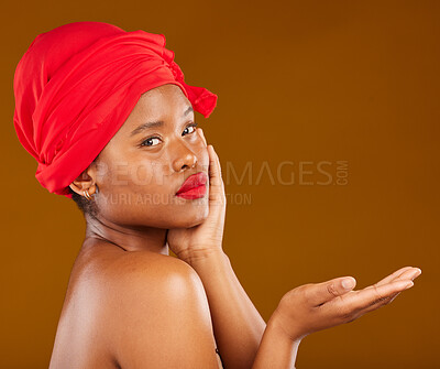 Buy stock photo Beauty, makeup and show with face of black woman in studio for mockup, creative and cosmetics. Skincare, salon and presentation with female model on brown background for wellness, self care and glow