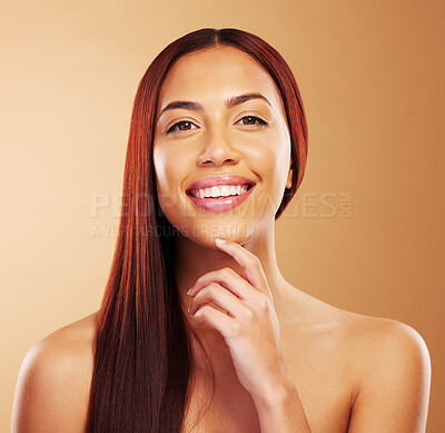 Buy stock photo Hair care, beauty and portrait of woman with smile, hand on skin and luxury salon treatment on brown background. Aesthetic, haircut and haircare, happy face of model in cosmetics and makeup in studio