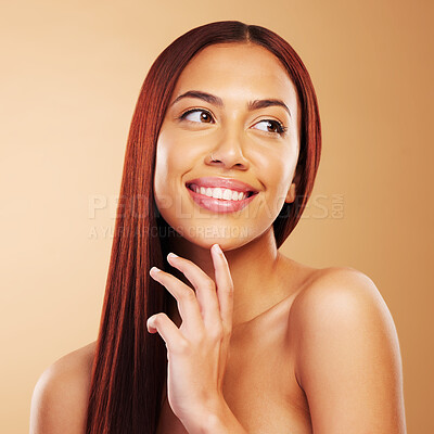 Buy stock photo Hair care, beauty and portrait of happy woman with glow, hand on skin and luxury salon treatment on brown background. Smile, haircut and haircare, face of model with cosmetics and makeup in studio.