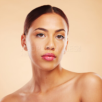 Buy stock photo Portrait, skincare and woman with beauty, dermatology and makeup against a brown studio background. Face, female person and model with wellness, aesthetic or cosmetics with health, glow and shine