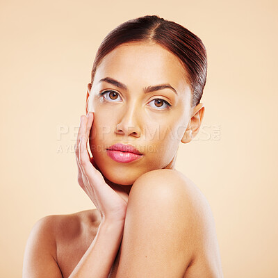 Buy stock photo Portrait, beauty and woman with skincare, makeup and dermatology against a brown studio background. Face, female person or model with luxury, wellness and healthy skin with shine, glow and aesthetic