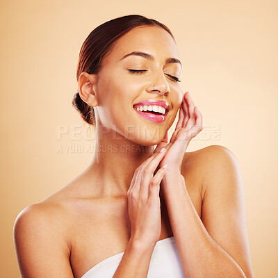 Buy stock photo Relax, smile or natural face of happy woman in studio isolated on brown background for skincare. Facial treatment, beauty grooming or zen girl model relaxing with glow, shine or self care cosmetics