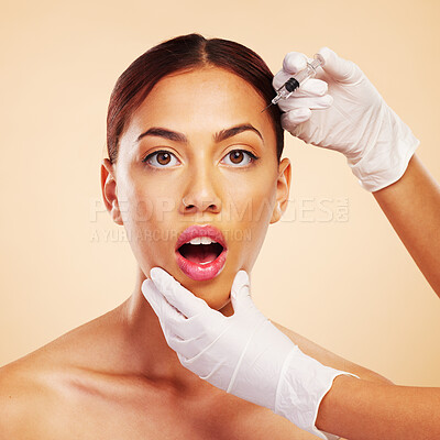 Buy stock photo Surprise, woman or face in plastic surgery injection for facelift or cosmetics isolated on studio background. Forehead portrait, wow or shocked model with needle for skin beauty in medical procedure