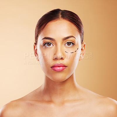 Buy stock photo Plastic surgery, cosmetics and woman with surgical lines on face in brown studio background with skincare. Portrait, girl and facial for reconstruction or anti aging for aesthetic with dermatology.