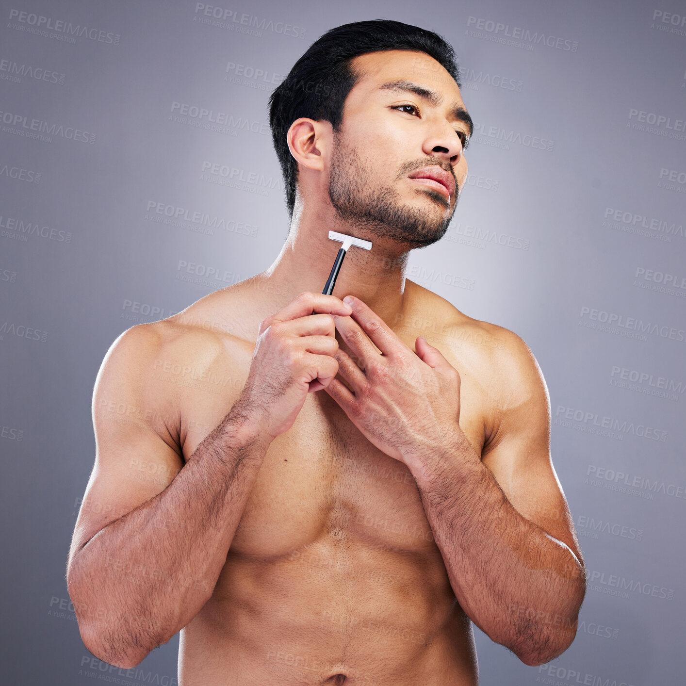 Buy stock photo Beard hair, razor or studio man with beauty routine, self care treatment, morning grooming and cosmetic skincare. Facial cleaning, spa salon wellness or person with shaving product on grey background
