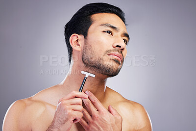 Buy stock photo Beard hair, razor and face of man with bathroom routine, self care treatment, relax facial grooming or cosmetics skincare. Neck cleaning, hygiene wellness and studio person shaving on grey background