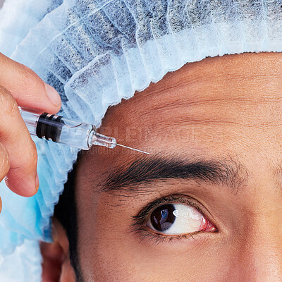 Buy stock photo Eye, hand and plastic surgery with a man in studio on a gray background for silicon injection. Face, beauty and transformation with a male client in a clinic for antiaging filler or cosmetic facelift