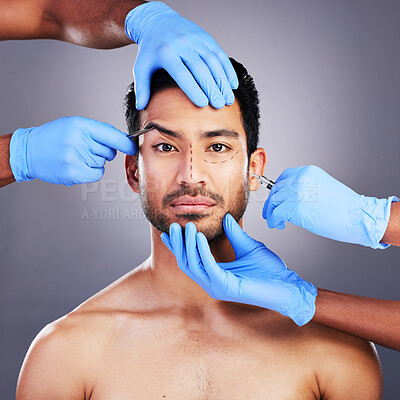 Buy stock photo Plastic surgery, hands and drawing with filler portrait of man and surgeon for needle and syringe placement. Skincare, face and dermatology of person with medical procedure and collagen in studio