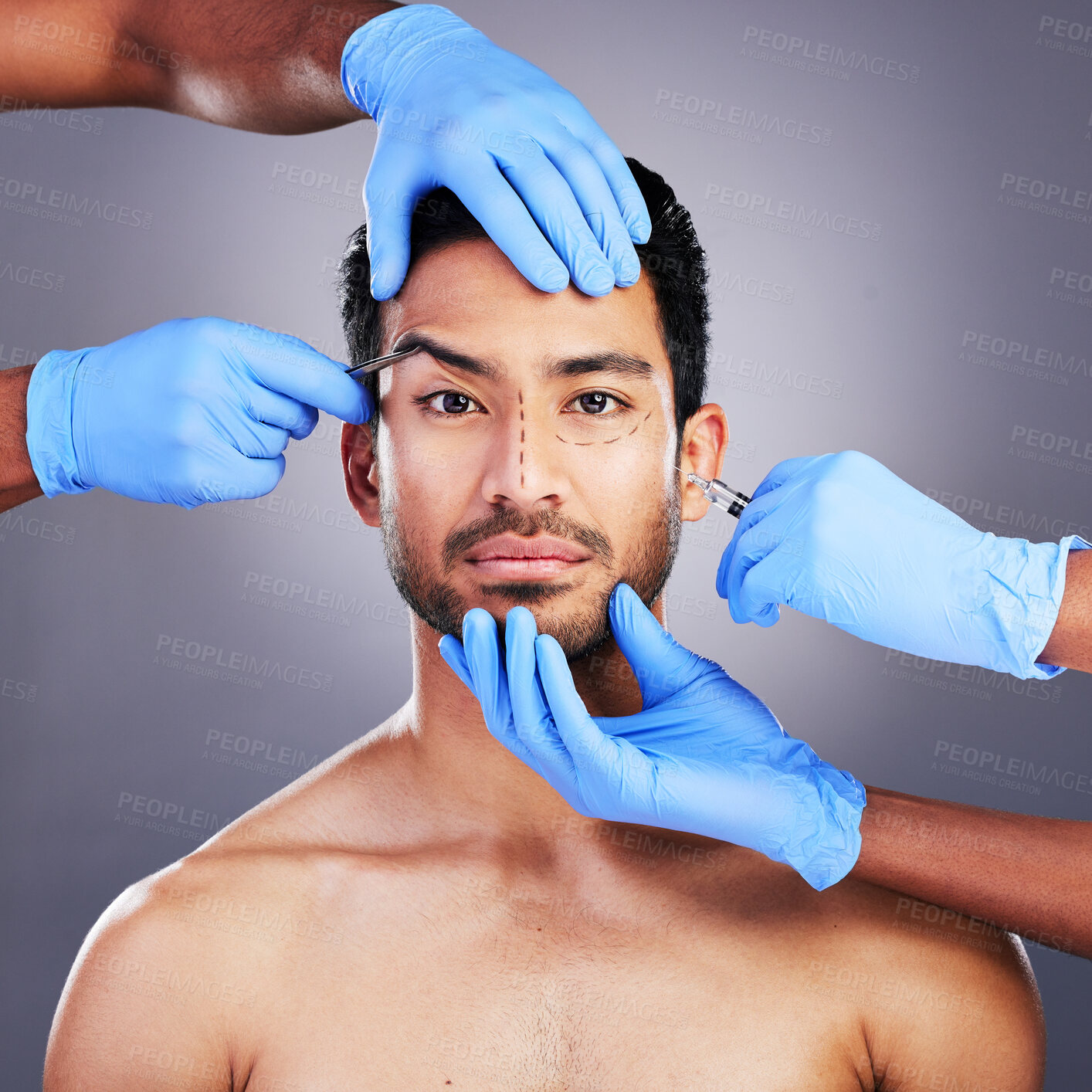 Buy stock photo Plastic surgery, hands and drawing with filler portrait of man and surgeon for needle and syringe placement. Skincare, face and dermatology of person with medical procedure and collagen in studio