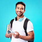 Indian, college student and portrait with phone in studio and backpack for university, education and connection on blue background. Happy, man and person excited to study and learn for future goals