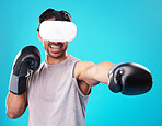 Boxer man, virtual reality glasses and studio with punch, power and workout with 3D user experience. Metaverse boxing, online gaming and gloves for ar exercise, health or training by blue background