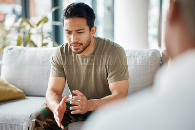 Buy stock photo PTSD, soldier and man in therapy for trauma counseling due to military war and talking army mental health support. Consultation, depression and sad man with help for psychology problem on a sofa