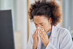 Woman, sick doctor and blowing nose in hospital with allergy, influenza or virus. Black female healthcare professional, tissue and allergies in clinic for problem, cold and bacteria in medical office