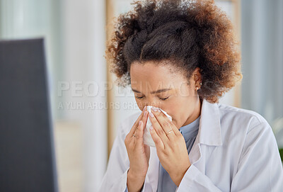 Buy stock photo Woman, sick doctor and blowing nose in hospital with allergy, influenza or virus. Black female healthcare professional, tissue and allergies in clinic for problem, cold and bacteria in medical office