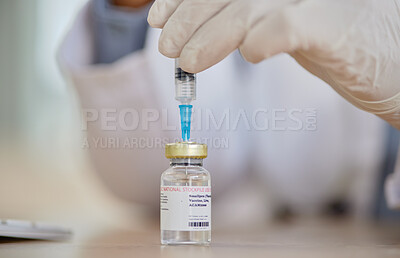 Buy stock photo Smallpox vaccine, vial and hands of doctor for safety, healthcare or medicine in hospital. Closeup, nurse and prepare vaccination, virus injection and bottle for immunity, medical development or help